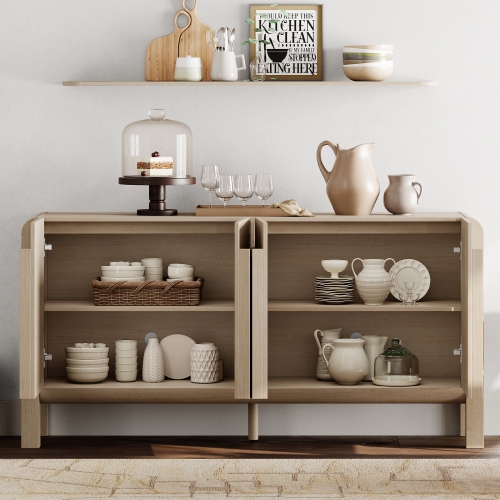 WAMPAT 63" W Large Buffet Sideboard Cabinet with Storages, Modern Buffet Table Coffee Bar Wine Bar Storage Curved Cabinet with 4 Doors for Dining