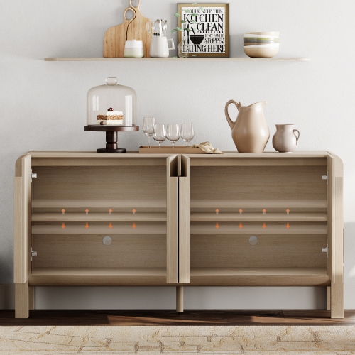 WAMPAT 63" W Large Buffet Sideboard Cabinet with Storages, Modern Buffet Table Coffee Bar Wine Bar Storage Curved Cabinet with 4 Doors for Dining