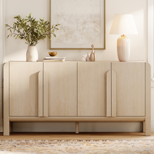 WAMPAT 63" W Large Buffet Sideboard Cabinet with Storages, Modern Buffet Table Coffee Bar Wine Bar Storage Curved Cabinet with 4 Doors for Dining