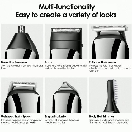 Men's Beard Trimmer and Nose Hair Trimmer, 6 in 1 Hair Clipper Set, Perfect for Beard, Hair, Body, Nose, Ears