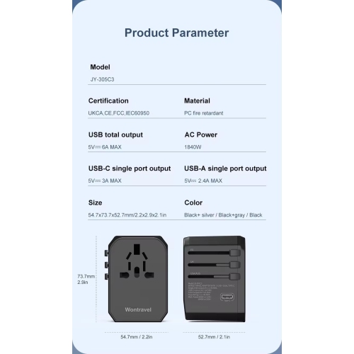 Travel Adapter 2USB3C Conversion Plug Travel Adapter Global Socket 305C3 Converter - Multi-Country Converter