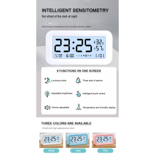 Réveille-matin électronique intelligent pour étudiant Alarme de chambre à pile silencieuse volume élevé avec alarme de température et d'humidité -