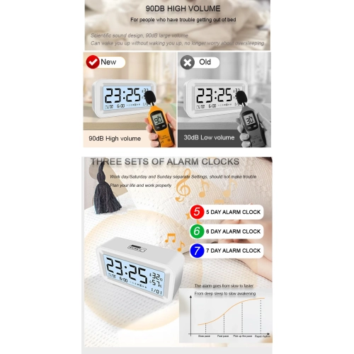 Réveille-matin électronique intelligent pour étudiant Alarme de chambre à pile silencieuse volume élevé avec alarme de température et d'humidité -