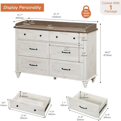 WAMPAT Mid Century Dresser with 6 Sliding Drawers,Modern Kids Dressers with Wide Chest of Drawer,Rusic White Wooden Closet Storage Organizer for