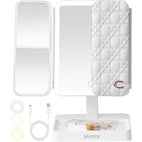 MYACUC  Makeup Mirror Vanity \w Light, 360° Fill Light Makeup Mirror, 3-Color Light Touch Control Trifold Makeup Mirror, Portable Led Makeup Mirror For