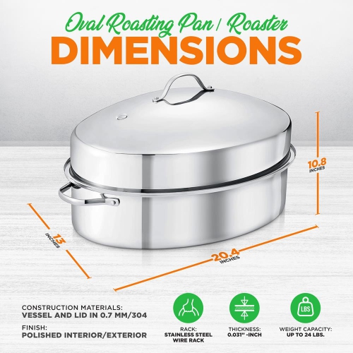 Oval Roasting Pan / Roaster with Polished Rack and Stainless Steel Lid