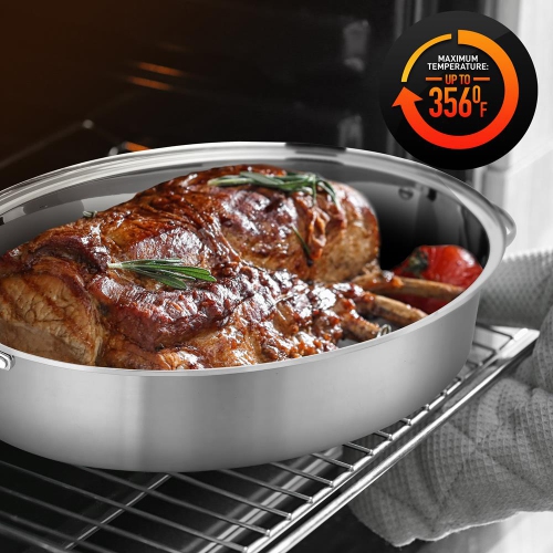 Oval Roasting Pan / Roaster with Polished Rack and Stainless Steel Lid