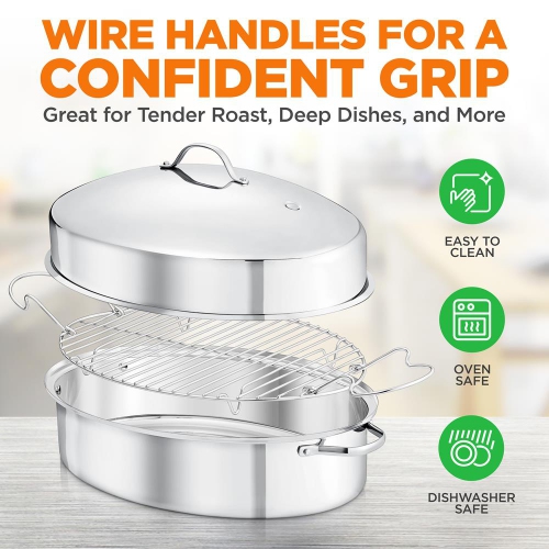 Oval Roasting Pan / Roaster with Polished Rack and Stainless Steel Lid