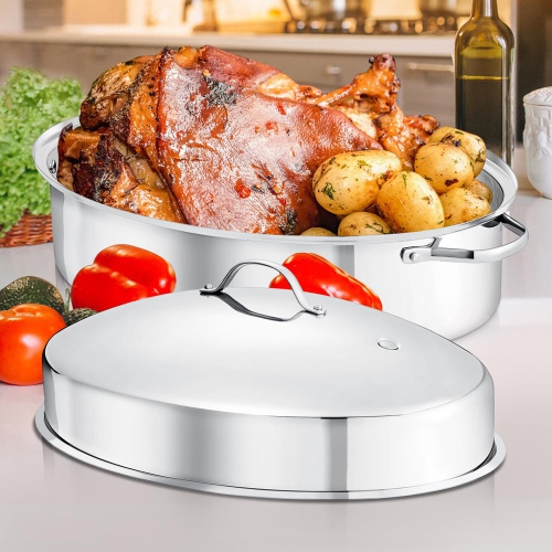 Oval Roasting Pan / Roaster with Polished Rack and Stainless Steel Lid