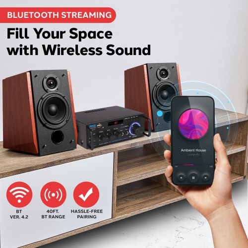 Amplificateur de puissance stéréo sans fil BT - Amplificateur compact série Blue pour diffusion audio avec RCA et bornes de haut-parleur