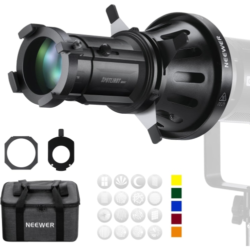 Remis à neuf - NEEWER Spotlight Snoot avec objectif de projection à 20°, mise au point réglable, 16 gels en métal GOBOS 5 couleur, sac, Snoot conique