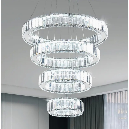 Modern Crystal 4-Ring LED Chandelier – Ceiling Pendant Light Fixture for Bedroom, Living Room, Dining Room – 6500K Cool White-No remote