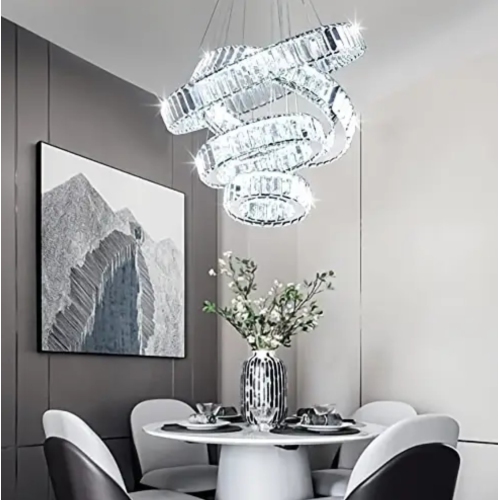 Modern Crystal 4-Ring LED Chandelier – Ceiling Pendant Light Fixture for Bedroom, Living Room, Dining Room – 6500K Cool White-No remote