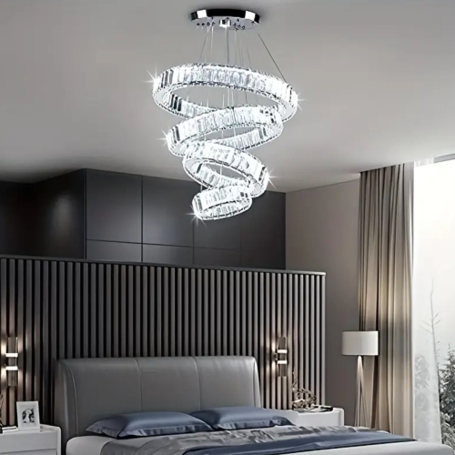 Modern Crystal 4-Ring LED Chandelier – Ceiling Pendant Light Fixture for Bedroom, Living Room, Dining Room – 6500K Cool White-No remote