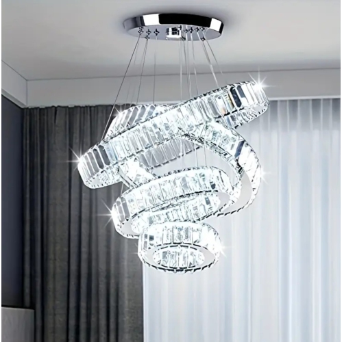 Modern Crystal 4-Ring LED Chandelier – Ceiling Pendant Light Fixture for Bedroom, Living Room, Dining Room – 6500K Cool White-No remote