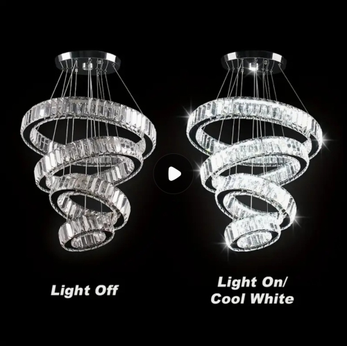 Modern Crystal 4-Ring LED Chandelier – Ceiling Pendant Light Fixture for Bedroom, Living Room, Dining Room – 6500K Cool White-No remote