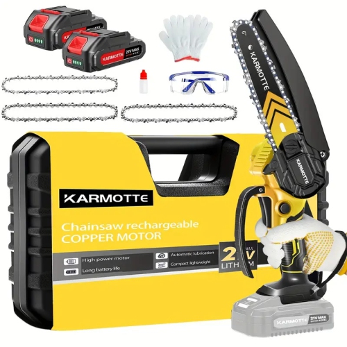 KARMOTTE  Mini Chainsaw 6-Inch Brushless \w 2-Pack 2000Mah Batteries And 3 Chains, Auto Oiler System, Toolless Adjustment Lightweight Portable Design I love the battery option