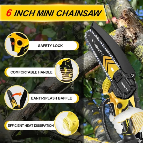 Mini scie à chaîne sans balais de 6 po avec 2 batteries 2000 mAh et 3 chaînes, système d'huile automatique, réglage sans outil, conception