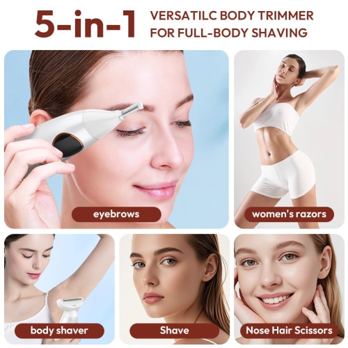 Women's Razor, 5-in-1 Intimate Shaver for Women, Electric Shaver, IPX7 Waterproof Trimmer for Body, Armpits, Bikini, Eyebrows and Nose