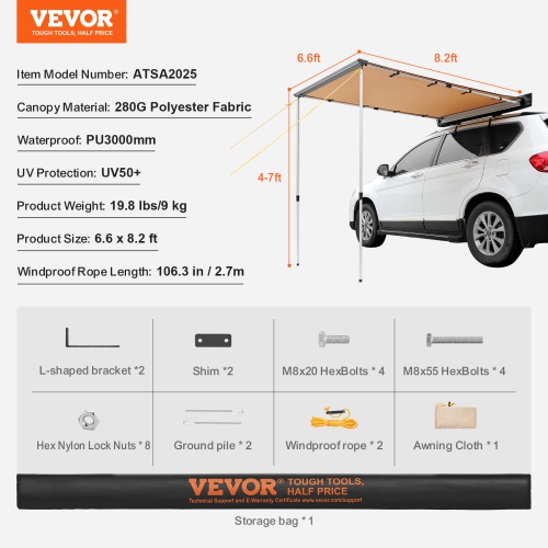 VEVOR 6.6' x 8.2' Large Car Side Awning, Shade Coverage Vehicle Awning, PU3000mm UV50+ Retractable Awning with Waterproof Storage Bag, Height