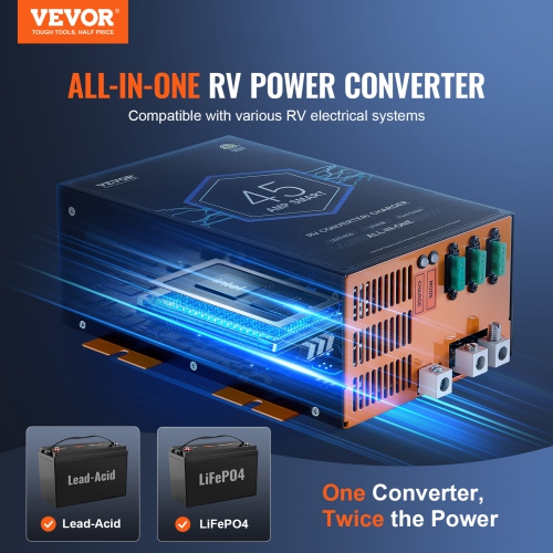 Convertisseur de VR VEVOR 45 A, chargeur de batterie CA à CC 12&nbsp;V 110&nbsp;V pour VR avec plage de recharge à 4 niveaux 13&nbsp;V à 16,5&nbsp;V