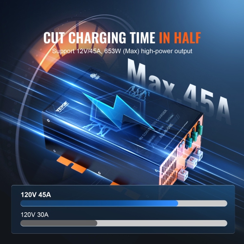 Convertisseur de VR VEVOR 45 A, chargeur de batterie CA à CC 12&nbsp;V 110&nbsp;V pour VR avec plage de recharge à 4 niveaux 13&nbsp;V à 16,5&nbsp;V