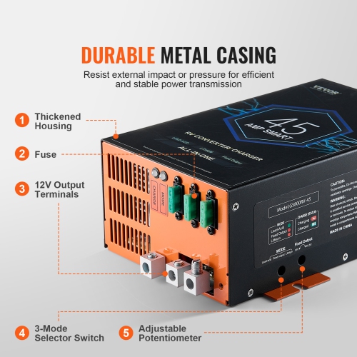 Convertisseur de VR VEVOR 45 A, chargeur de batterie CA à CC 12&nbsp;V 110&nbsp;V pour VR avec plage de recharge à 4 niveaux 13&nbsp;V à 16,5&nbsp;V
