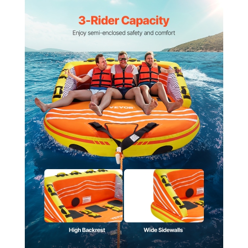 VEVOR 1-3 Riders Towable Tube for Boating, Inflatable Boat Tubes and Towables, 510lbs Towable Tube, with Full Nylon Cover, 16 Grab Handles, Dual Tow