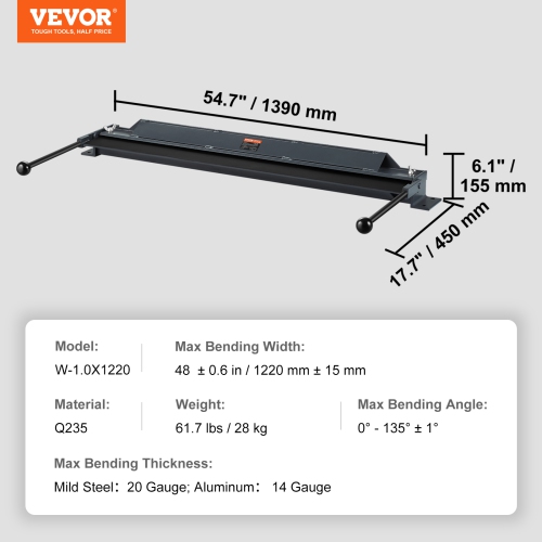 VEVOR 48-Inch Box and Pan Brake, 0-130 Degrees Metal Bending Brake, Mini Metal Bender with 20 Gauge Low Carbon Steel 14 Gauge Aluminum Capacity Power
