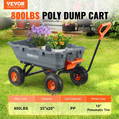 VEVOR 800lbs L. C. Garden Cart, Durable Poly Dump Cart with Simple Assembly Steel Structure, Versatile Dump Wagon with Dual-Function Handle, Handy