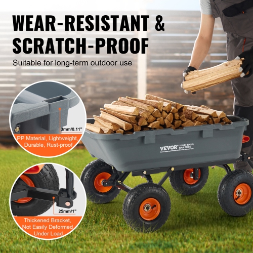 VEVOR 800lbs L. C. Garden Cart, Durable Poly Dump Cart with Simple Assembly Steel Structure, Versatile Dump Wagon with Dual-Function Handle, Handy