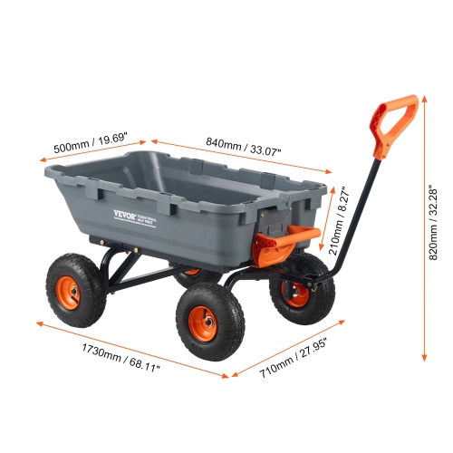 VEVOR 800lbs L. C. Garden Cart, Durable Poly Dump Cart with Simple Assembly Steel Structure, Versatile Dump Wagon with Dual-Function Handle, Handy