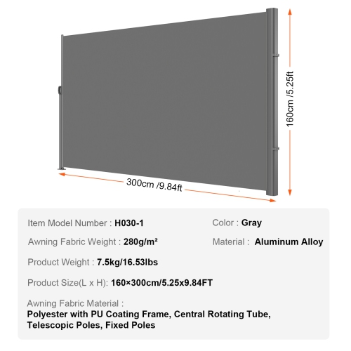 VEVOR 63"x118" Retractable Side Awning, Aluminum Privacy Screen, 280g Polyester Water-proof Retractable Patio Screen, UV 30+ Room Divider Wind Screen