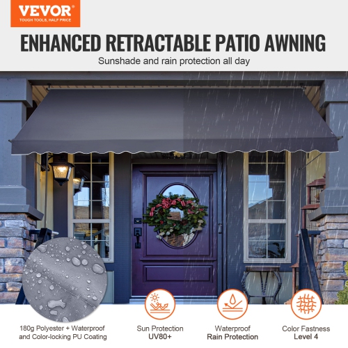 VEVOR 178x47" Patio Awning Retractable, Awning Sunshade Shelter with Manual Crank Handle, Patio Canopy Sunsetter Deck, Adjustable Height 86-22in, for