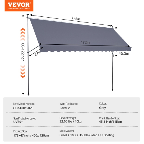 VEVOR 178x47" Patio Awning Retractable, Awning Sunshade Shelter with Manual Crank Handle, Patio Canopy Sunsetter Deck, Adjustable Height 86-22in, for