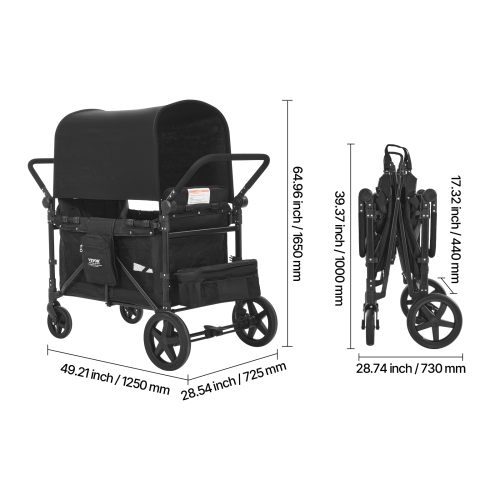 VEVOR 4 Kids Wagon Stroller, Push Pull Quad Collapsible Stroller with Adjustable Handle, 5-Point Safety Harness & Removable Canopy, 4-Seater for