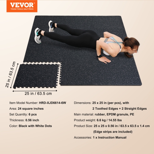 VEVOR 0.56in Thick Gym Floor Mats, 6-Tile Rubber Top with EVA Foam, 25" x 25" Gym Workout Mats with 25sq.ft Coverage, Interlocking Puzzle Mats for