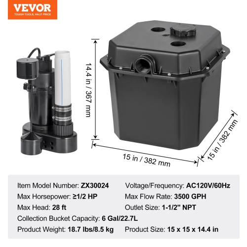 VEVOR 1/2 HP Utility Sink Pump, 120-Volt, 3500 GPH Flow, 28ft Head, Under-Sink Pump with 6 Gallon Basin, Automatic Utility/Laundry Sink Pump, Pump