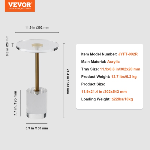VEVOR 11.9 x 11.9 inch Clear Acrylic End Table, Acrylic Side Table with a Solid Base, Round Tabletop, 21.4in High, for Coffee, Drink, Snack used in