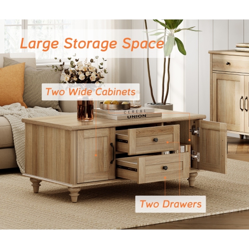 Table basse WAMPAT Farmhouse avec armoire de rangement, tables basses en bois pour le salon, table de thé rectangulaire centrale avec tiroirs pour la