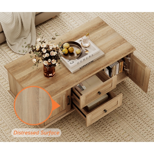 Table basse WAMPAT Farmhouse avec armoire de rangement, tables basses en bois pour le salon, table de thé rectangulaire centrale avec tiroirs pour la