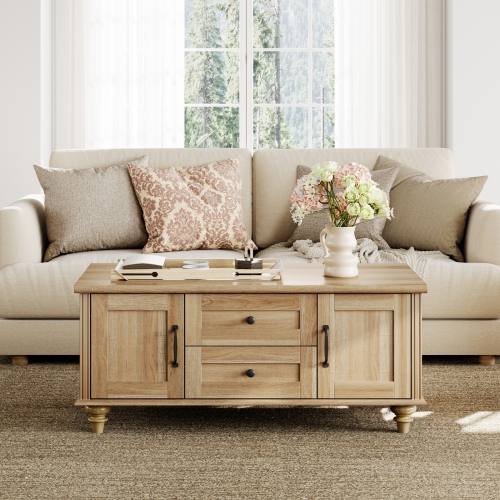 Table basse WAMPAT Farmhouse avec armoire de rangement, tables basses en bois pour le salon, table de thé rectangulaire centrale avec tiroirs pour la