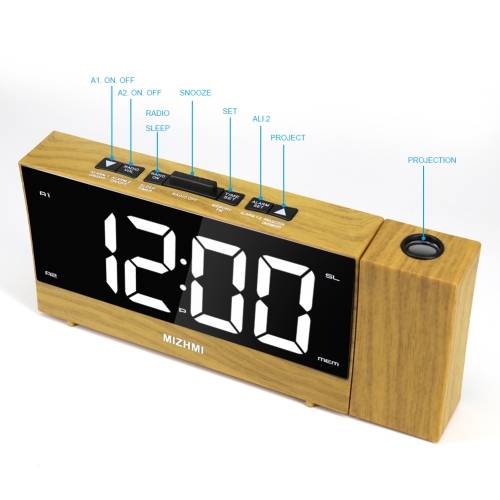 1.8-inch multi-function USB charging radio creative LED electronic alarm clock projection clock, snooze function - wood grain color