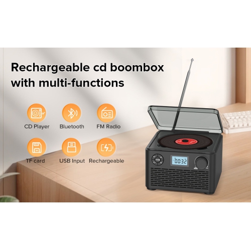 CD Player Retro Home Gift English Bluetooth Music CD Album CD Player FM Radio Play MP3CD/MP3 CD/U Disk/Bluetooth/FM - Black