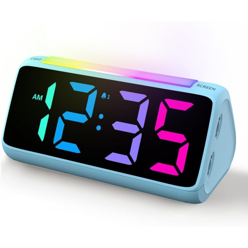 RGB Colorful Atmosphere Light Clock Night Light Alarm Clock LED Electronic Clock with Night Light Large Display and Snooze Function - Blue