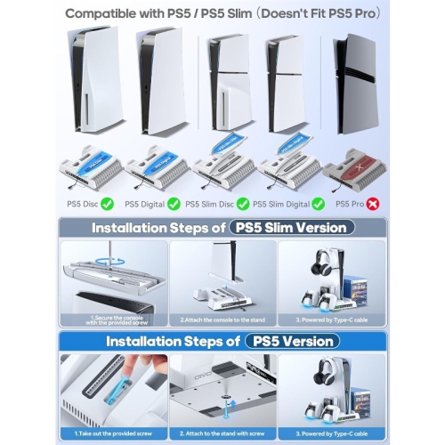 Station de refroidissement ultramince PS5 PROTAL Socle de chargement pour manette de jeu PS5 Accessoires pour station de chargement, support PS5 et