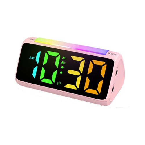 RGB Colorful Atmosphere Light Clock Night Light Alarm Clock LED Electronic Clock with Night Light Large Display and Snooze Function - Pink