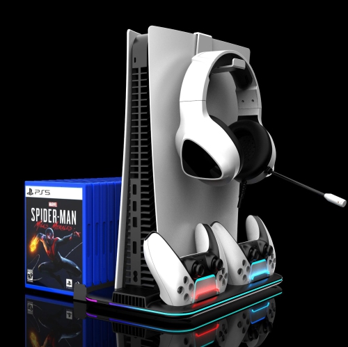 PS5 PRO console cooling base, PS5slim controller charging stand, game disc, headphone storage rack, dual charging stand - Black