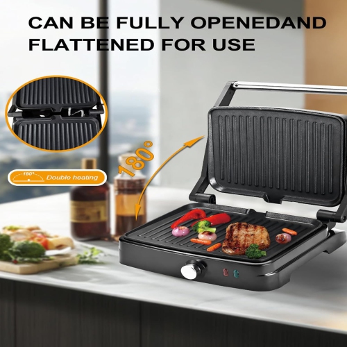 Panini Press Grill Sandwich Maker,Electric Panini Grill with Adjustable Temperature,180° Open Sandwich Maker with Non-Stick Pan,Indoor Grill for