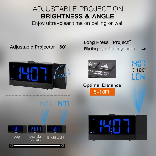 1.8-inch multi-function USB charging radio creative LED electronic alarm clock projection clock, snooze function - black